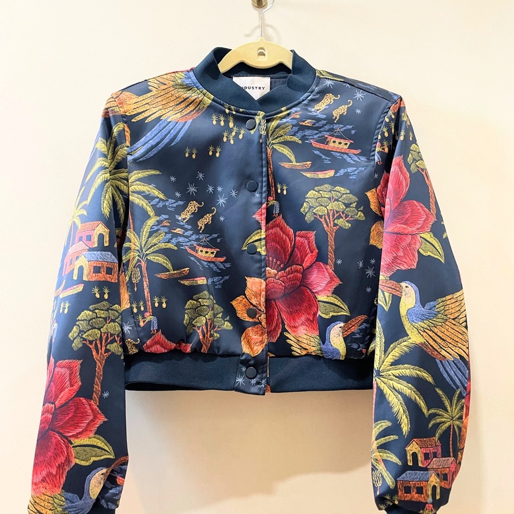 Industry Brand Silk Vibrant Floral Bomber Jacket NWOT